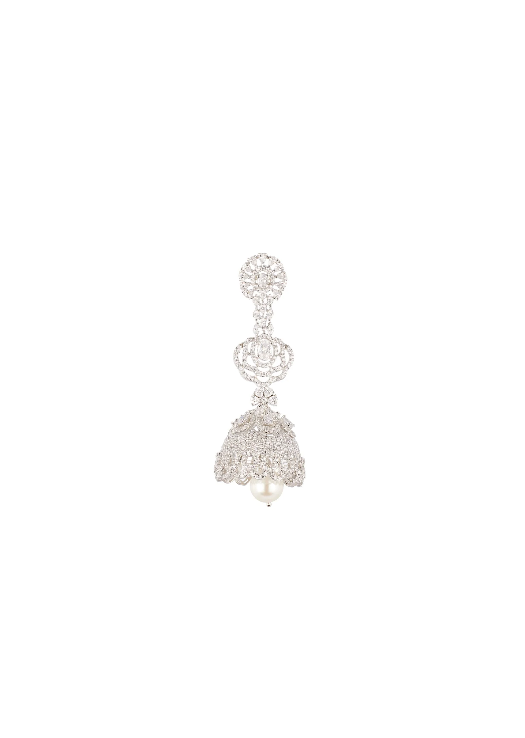 8464-silver-finish-earrings-in-mix-metal-with-jhumka-style-cubic-zirconia-and-faux-pearl-drop-3.webp Silver Finish Earrings In Mix Metal With Jhumka Style Cubic Zirconia And Faux Pearl Drop