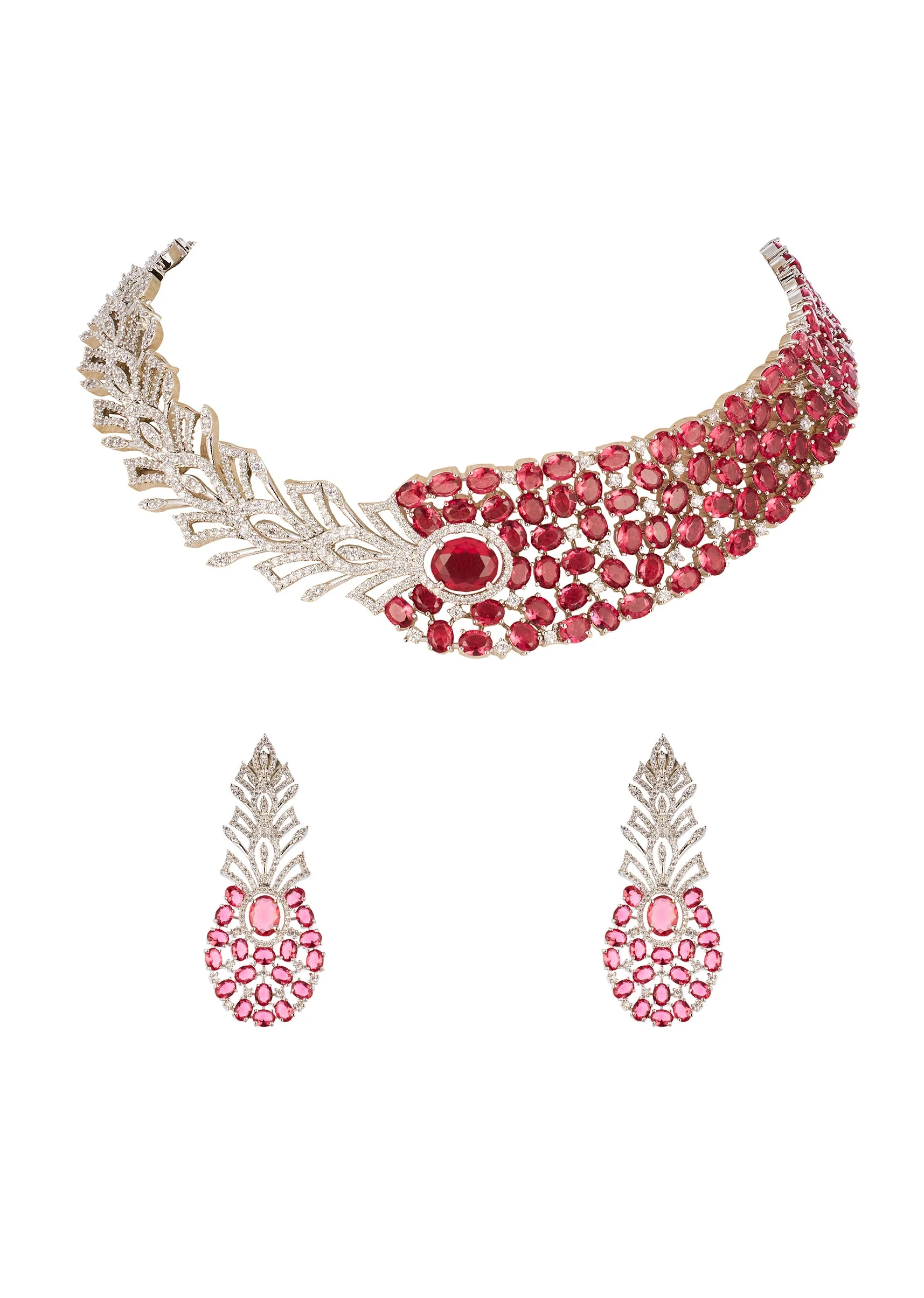 8467-rani-pink-cz-diamond-anti-tarnish-finish-gemstone-necklace-set-in-rhodium-plated-brass-1.webp Rani Pink CZ Diamond Anti Tarnish Finish Gemstone Necklace Set in Rhodium Plated Brass