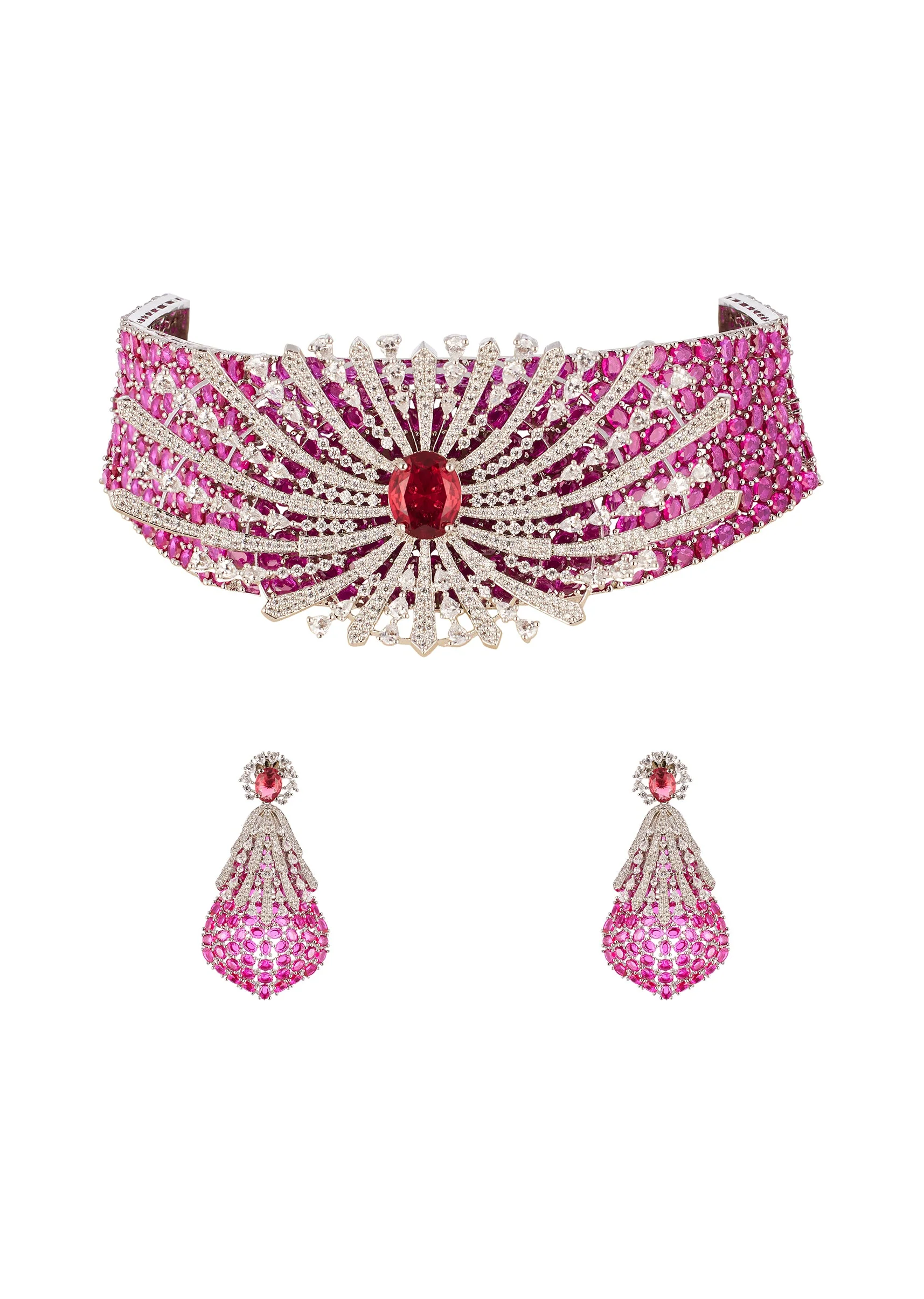 8468-rani-pink-anti-tarnish-rhodium-plated-brass-long-necklace-set-with-cz-diamond-and-gem-stones-1.webp Rani Pink Anti Tarnish Rhodium Plated Brass Long Necklace Set with CZ Diamond and Gem Stones