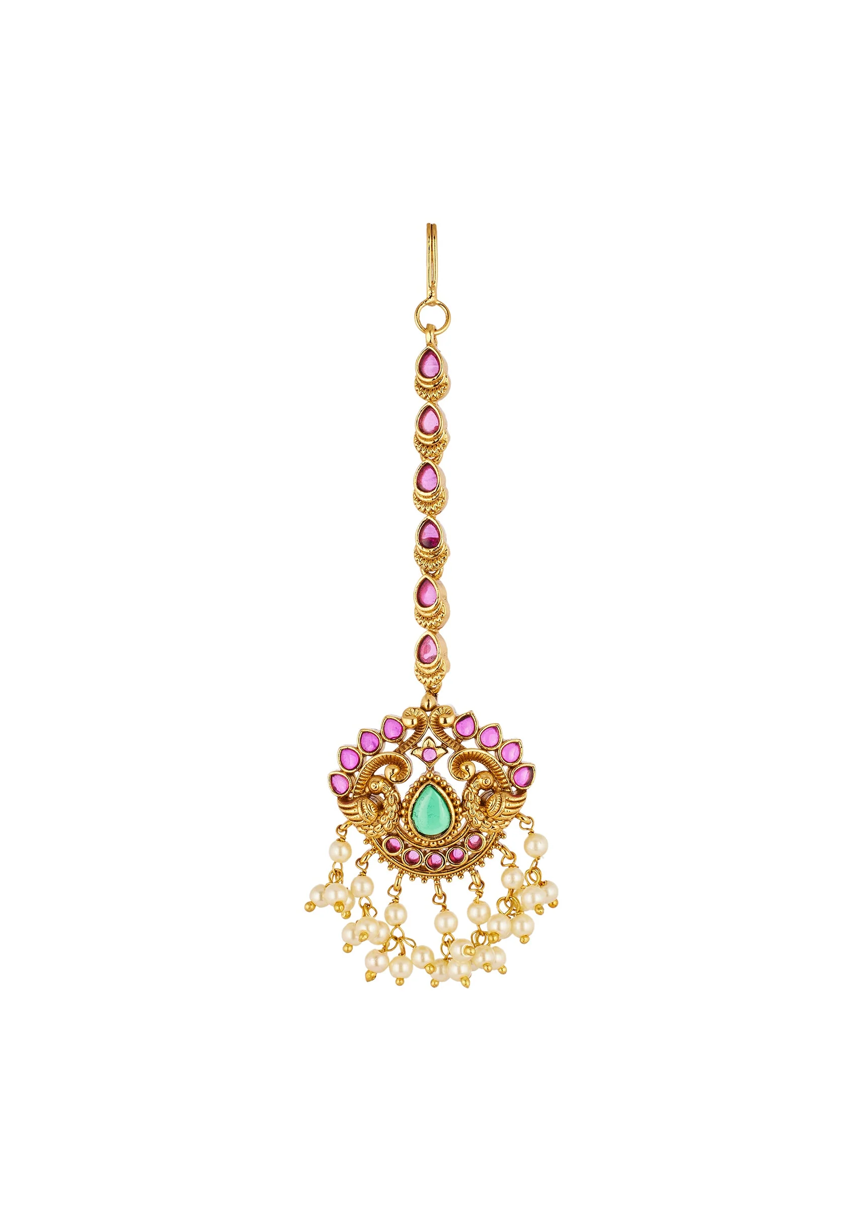 8472-gold-finish-maangtikka-with-temple-style-motifs-and-pink-and-green-simulated-stones-2.webp Gold Finish Maangtikka With Temple Style Motifs And Pink and Green Simulated Stones