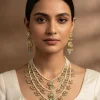 Layered Pearl Necklace And Earring Set With Gold Tone Motifs and Green Stone Accents