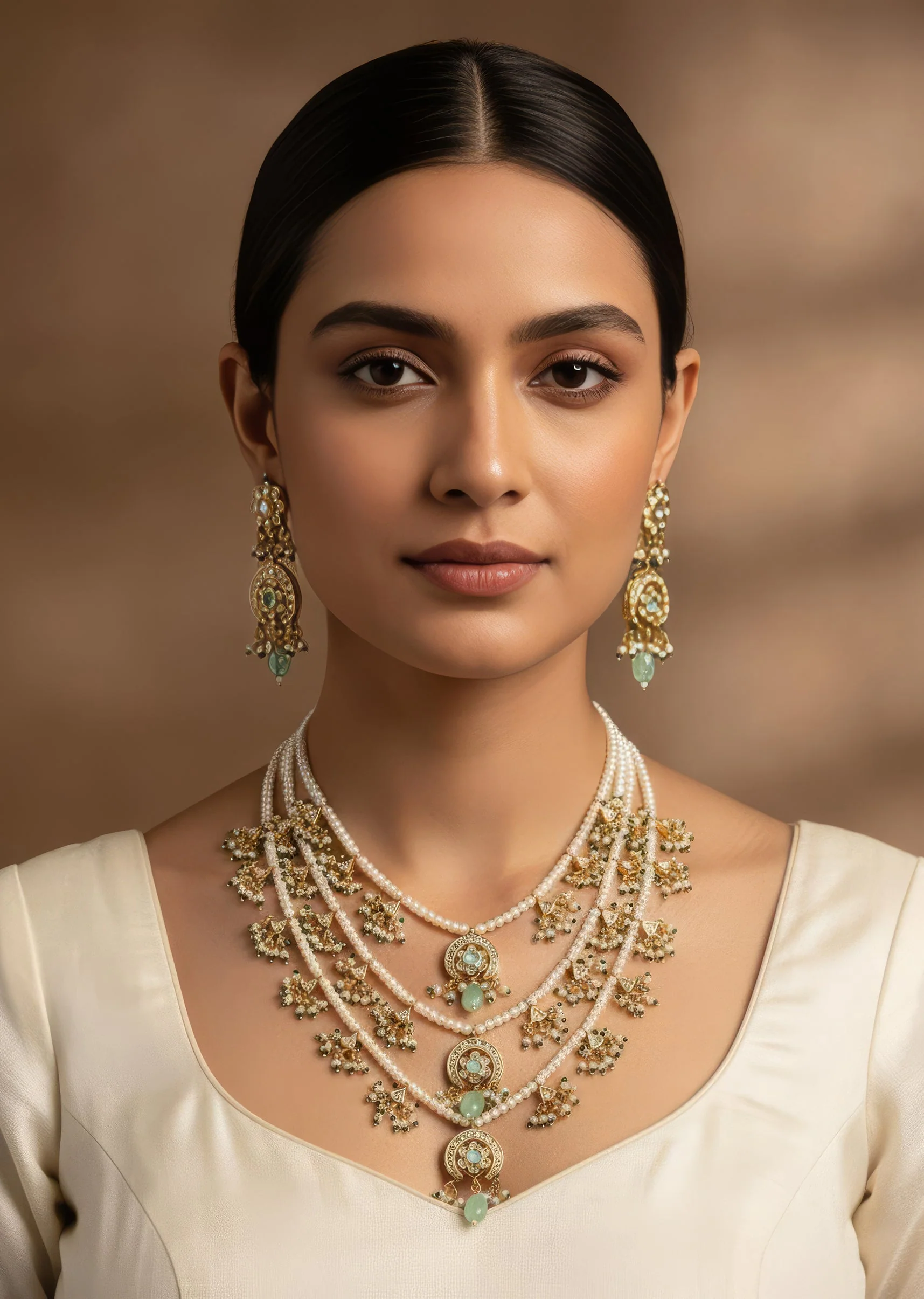 Layered Pearl Necklace And Earring Set With Gold Tone Motifs and Green Stone Accents
