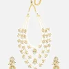 Layered Pearl Necklace And Earring Set With Gold Tone Motifs and Green Stone Accents
