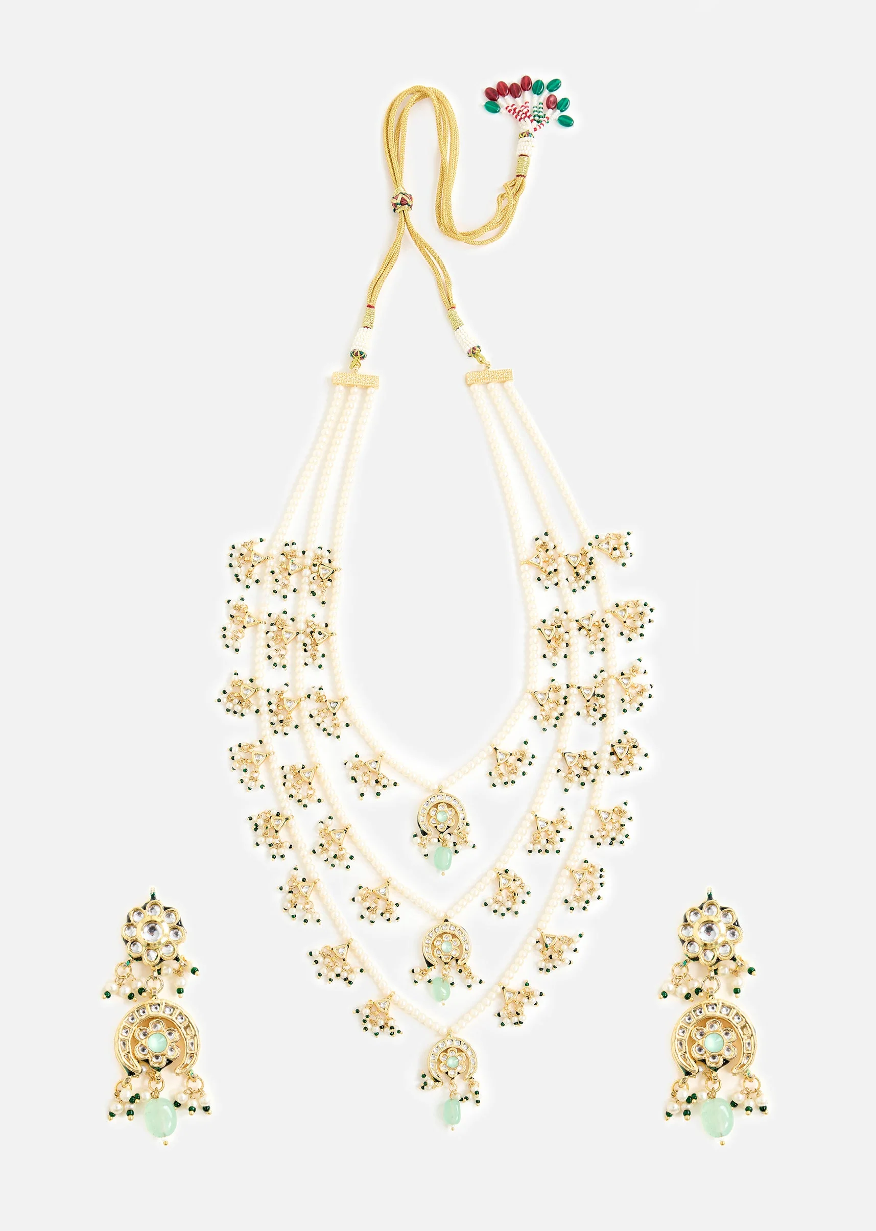 Layered Pearl Necklace And Earring Set With Gold Tone Motifs and Green Stone Accents