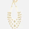 Layered Pearl Necklace And Earring Set With Gold Tone Motifs and Green Stone Accents