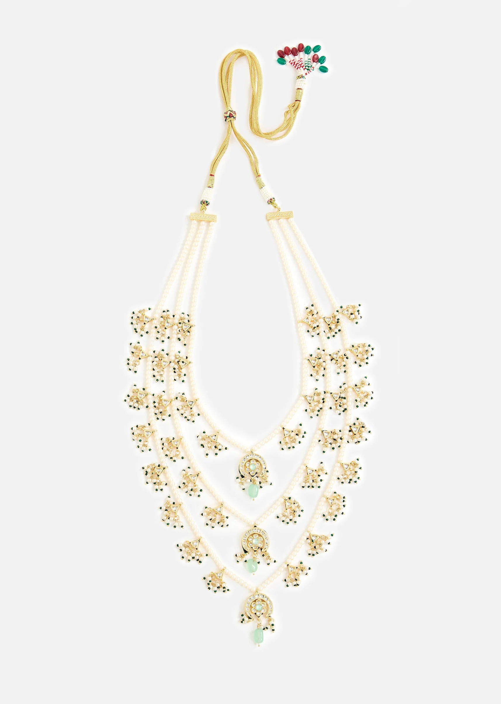 Layered Pearl Necklace And Earring Set With Gold Tone Motifs and Green Stone Accents