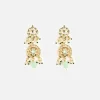 Layered Pearl Necklace And Earring Set With Gold Tone Motifs and Green Stone Accents