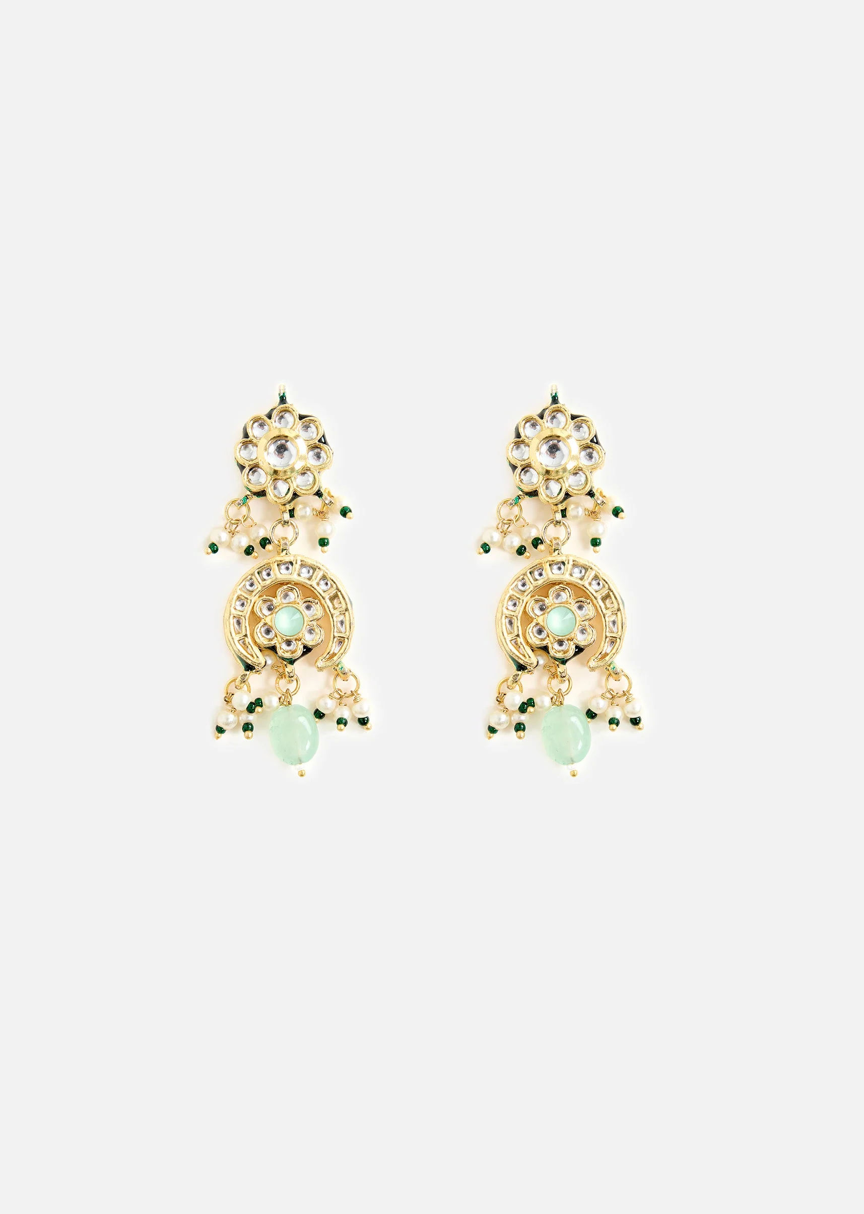Layered Pearl Necklace And Earring Set With Gold Tone Motifs and Green Stone Accents