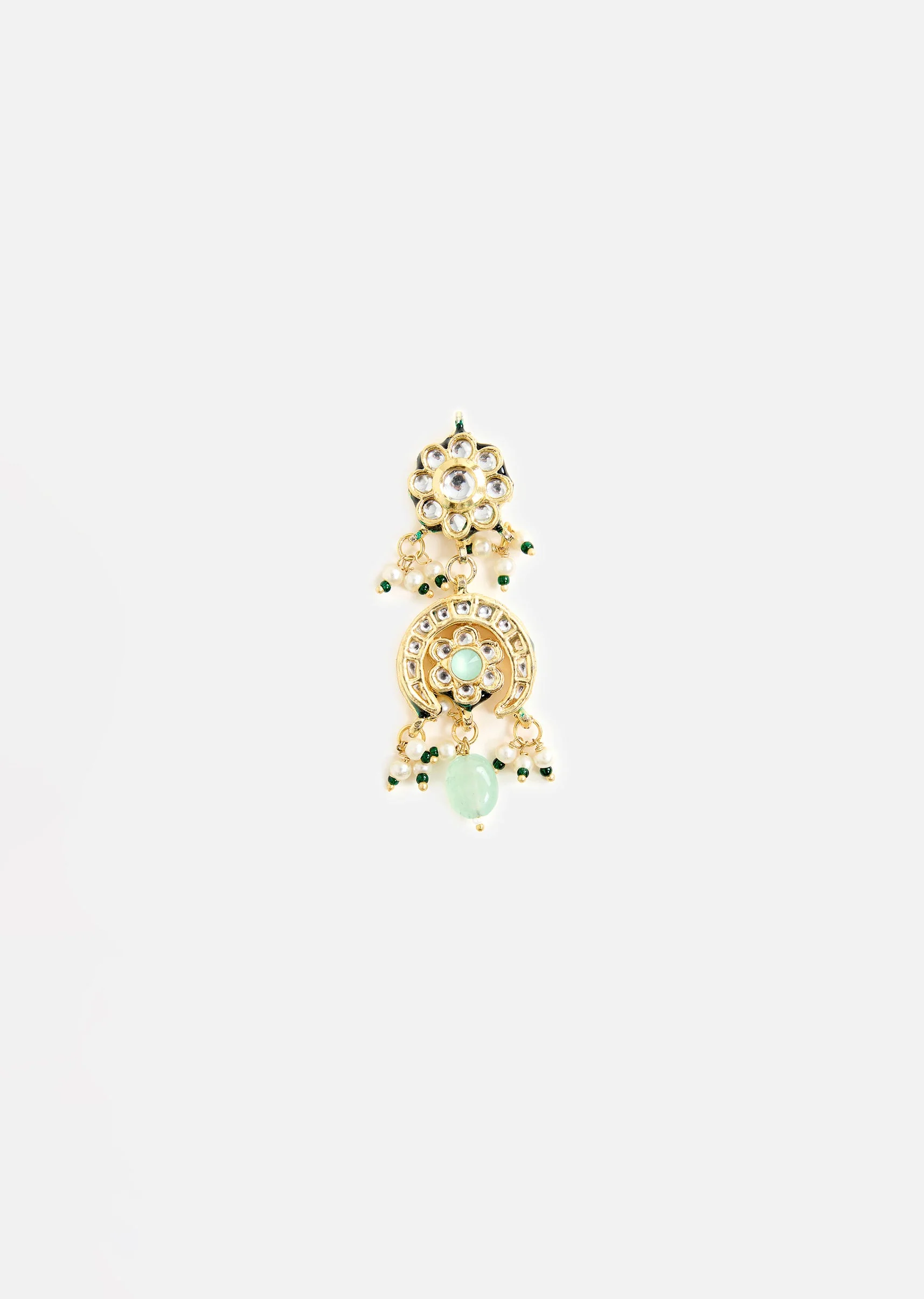 Layered Pearl Necklace And Earring Set With Gold Tone Motifs and Green Stone Accents