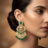 Gold Plated Chandelier Earrings With Sparkling Kundan Green Gemstones And Pearl Drop Earrings