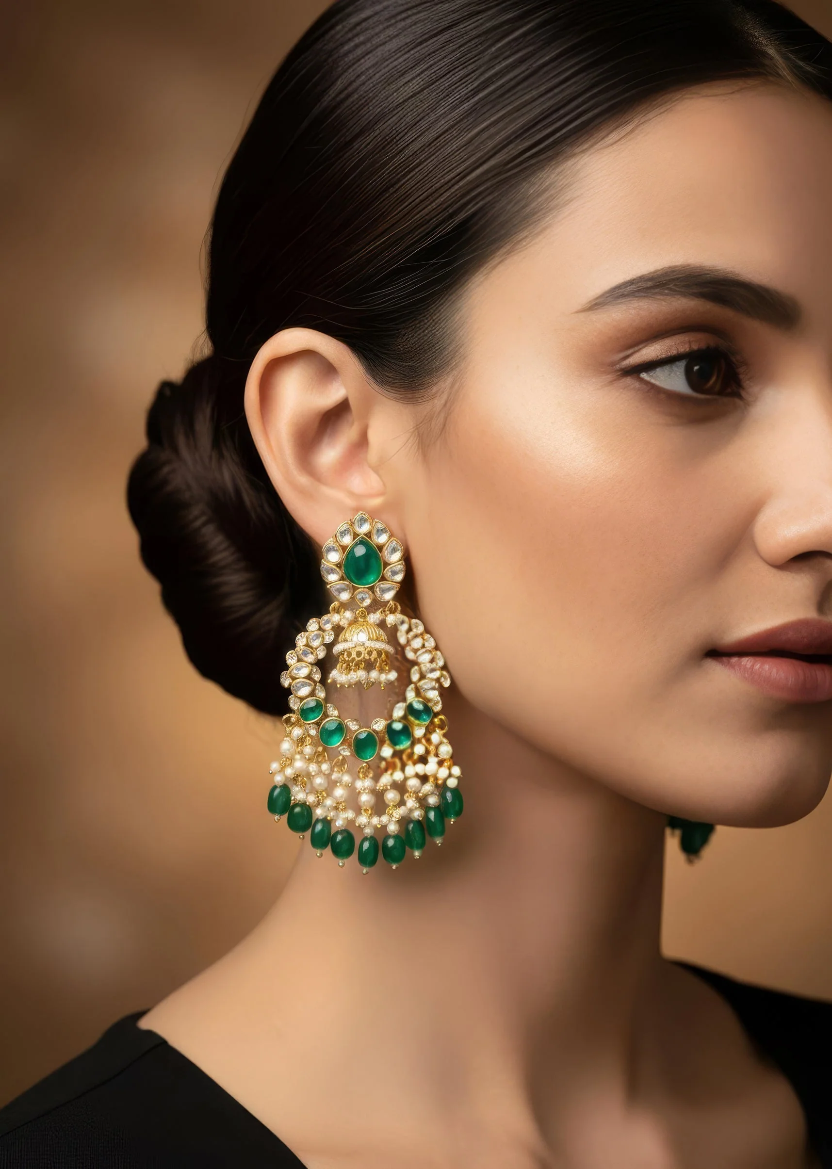 Gold Plated Chandelier Earrings With Sparkling Kundan Green Gemstones And Pearl Drop Earrings