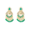 Gold Plated Chandelier Earrings With Sparkling Kundan Green Gemstones And Pearl Drop Earrings