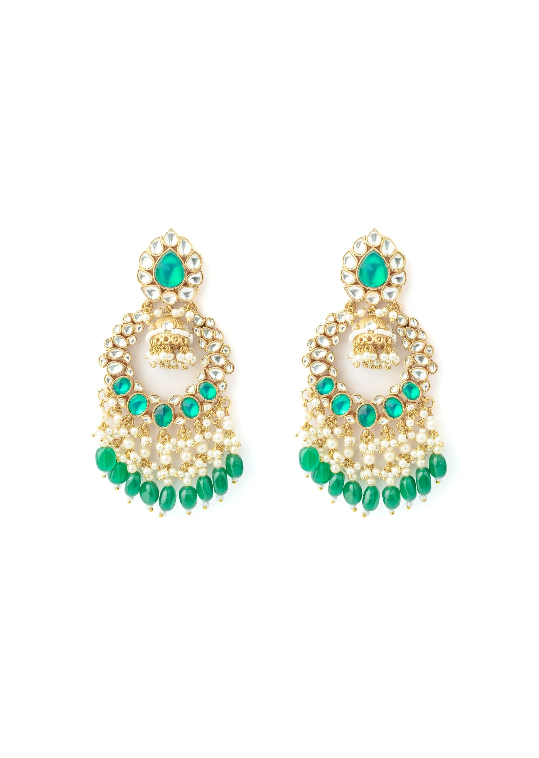 Gold Plated Chandelier Earrings With Sparkling Kundan Green Gemstones And Pearl Drop Earrings