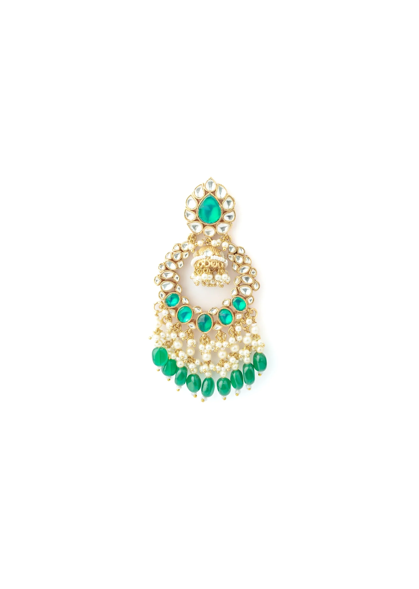 Gold Plated Chandelier Earrings With Sparkling Kundan Green Gemstones And Pearl Drop Earrings