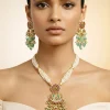 Gold Plated Green Kundan Polki With Pearl Strands And Emerald Green Bead Detailing Necklace Earrings Set