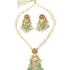 Gold Plated Green Kundan Polki With Pearl Strands And Emerald Green Bead Detailing Necklace Earrings Set