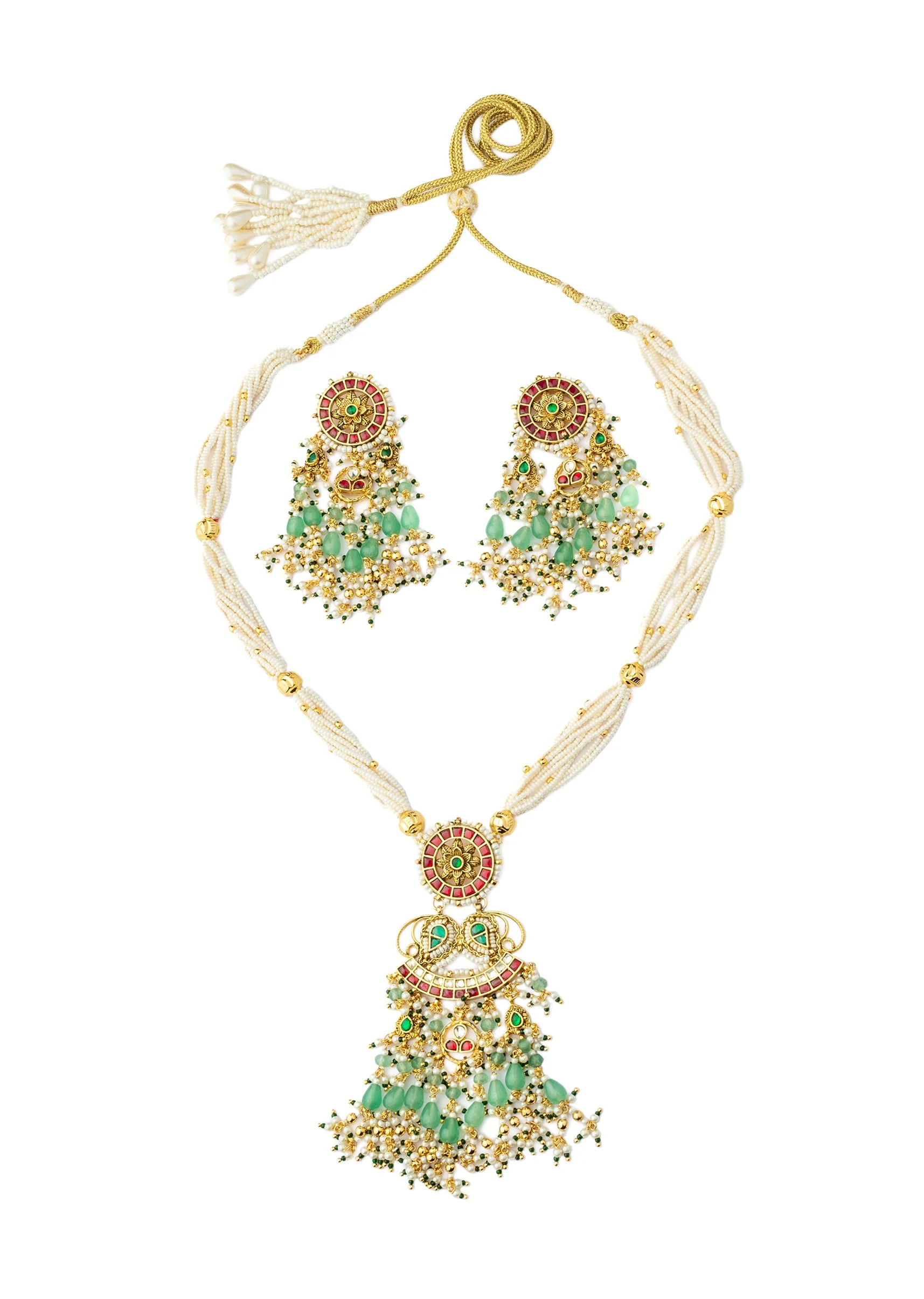 Gold Plated Green Kundan Polki With Pearl Strands And Emerald Green Bead Detailing Necklace Earrings Set
