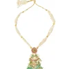 Gold Plated Green Kundan Polki With Pearl Strands And Emerald Green Bead Detailing Necklace Earrings Set