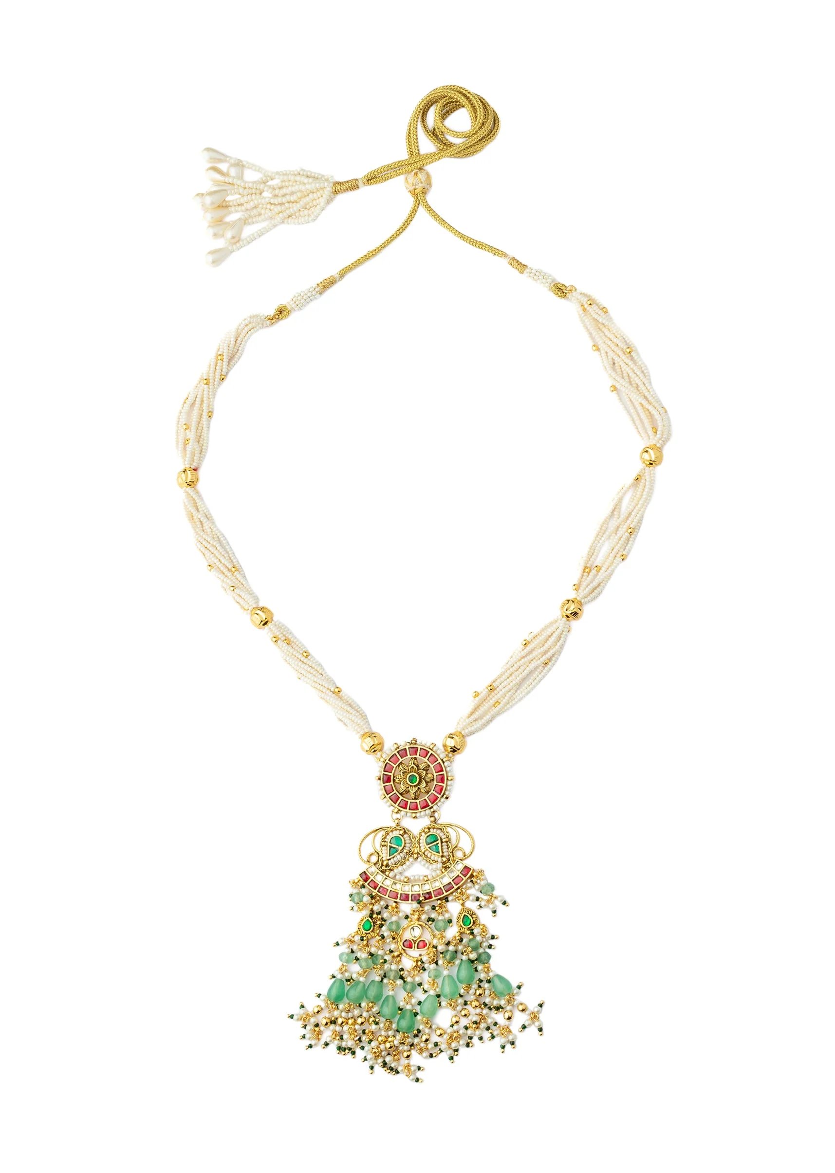 Gold Plated Green Kundan Polki With Pearl Strands And Emerald Green Bead Detailing Necklace Earrings Set