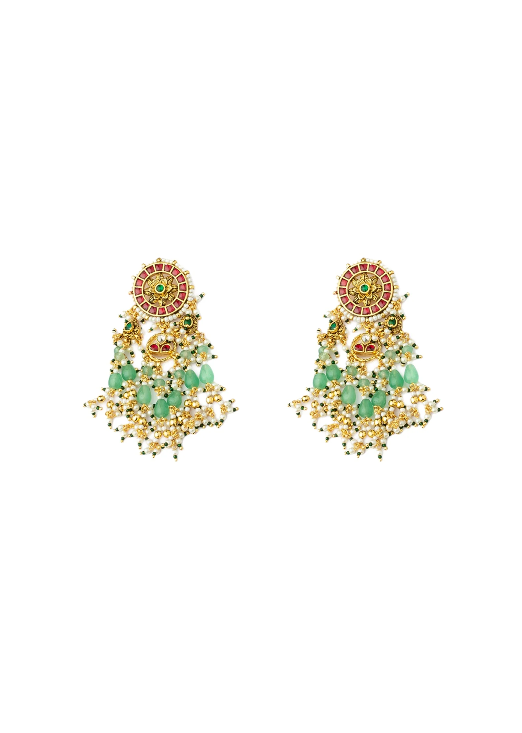 Gold Plated Green Kundan Polki With Pearl Strands And Emerald Green Bead Detailing Necklace Earrings Set