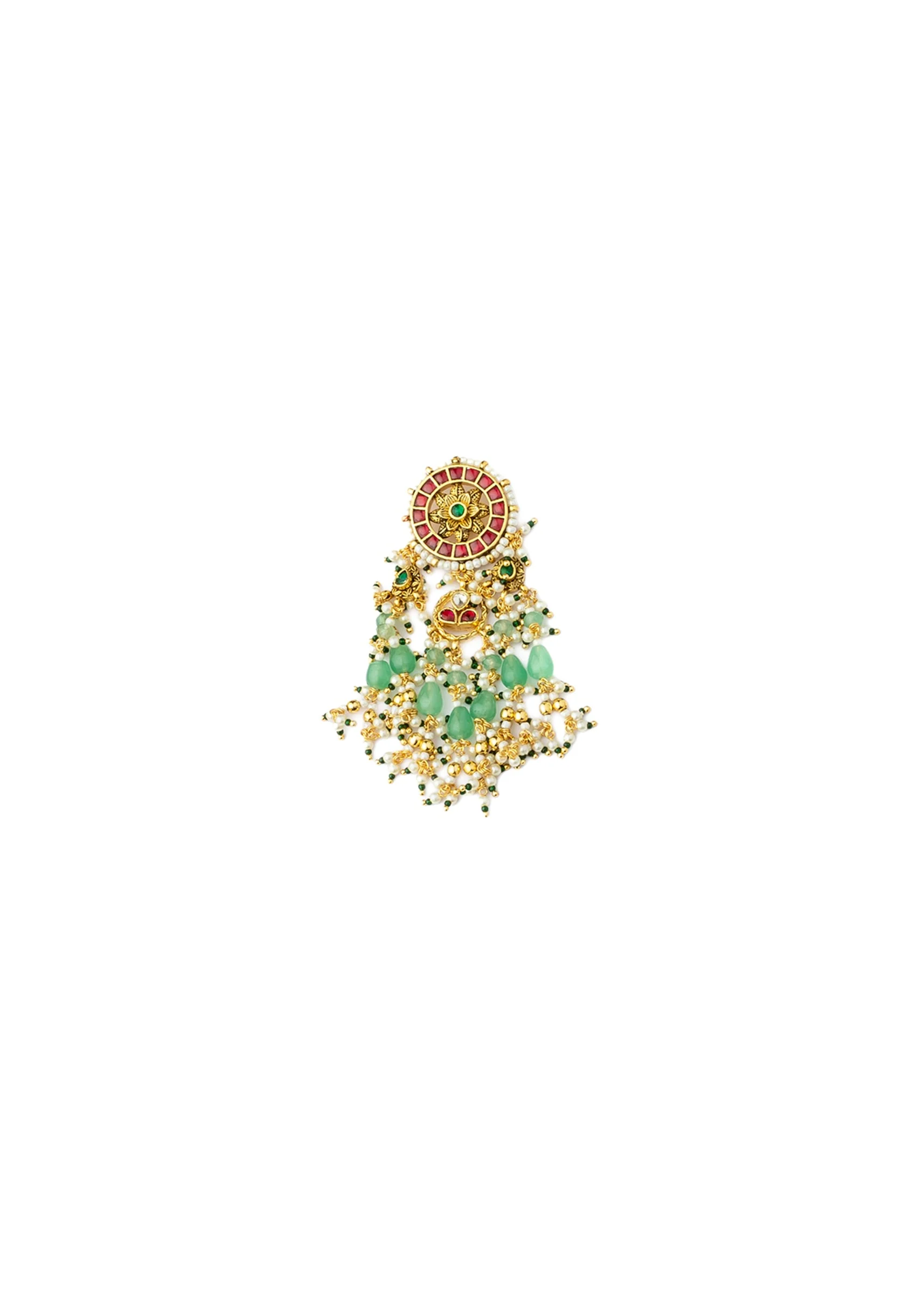 Gold Plated Green Kundan Polki With Pearl Strands And Emerald Green Bead Detailing Necklace Earrings Set
