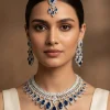 Silver Plated Blue Zircon Short Necklace Set With Dangler Earrings And Maangtikka