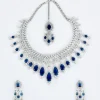 Silver Plated Blue Zircon Short Necklace Set With Dangler Earrings And Maangtikka
