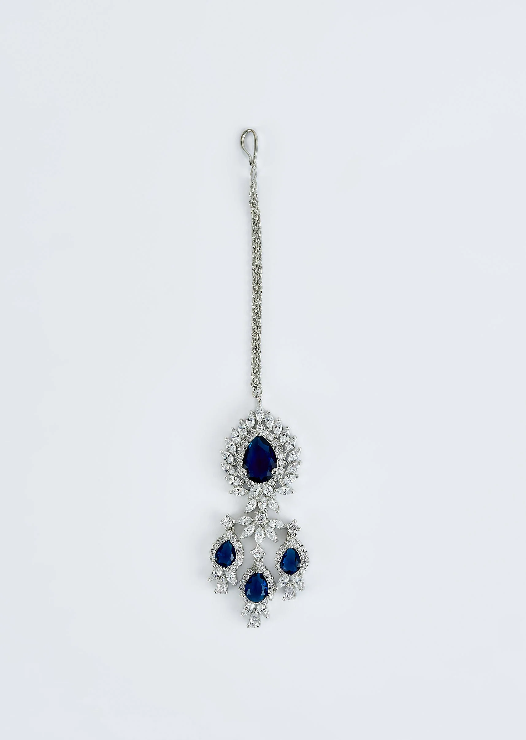 Silver Plated Blue Zircon Short Necklace Set With Dangler Earrings And Maangtikka