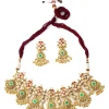Gold Plated Green And Red Gemstones With Dangling Embellished Necklace Set With Earrings