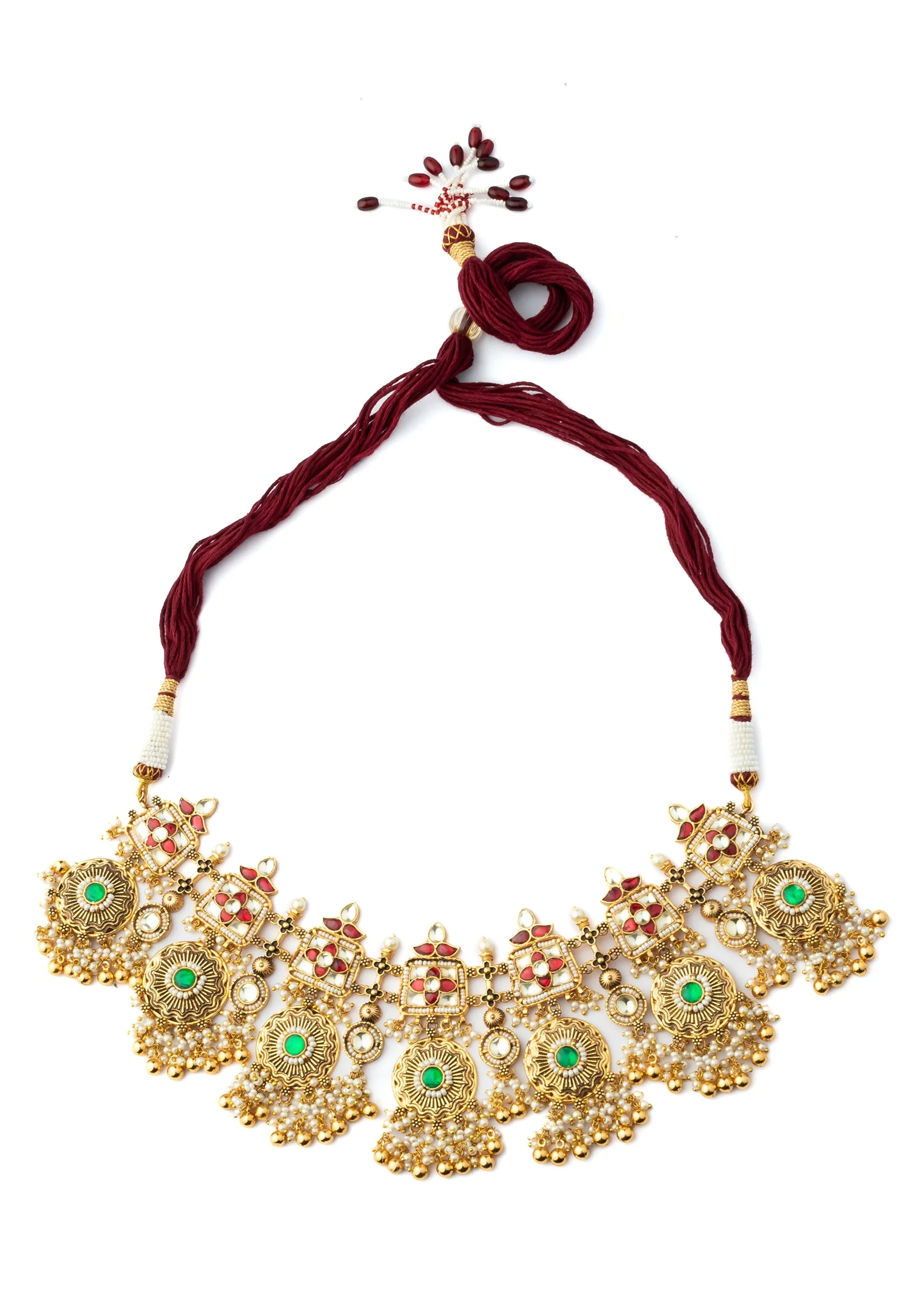 Gold Plated Green And Red Gemstones With Dangling Embellished Necklace Set With Earrings