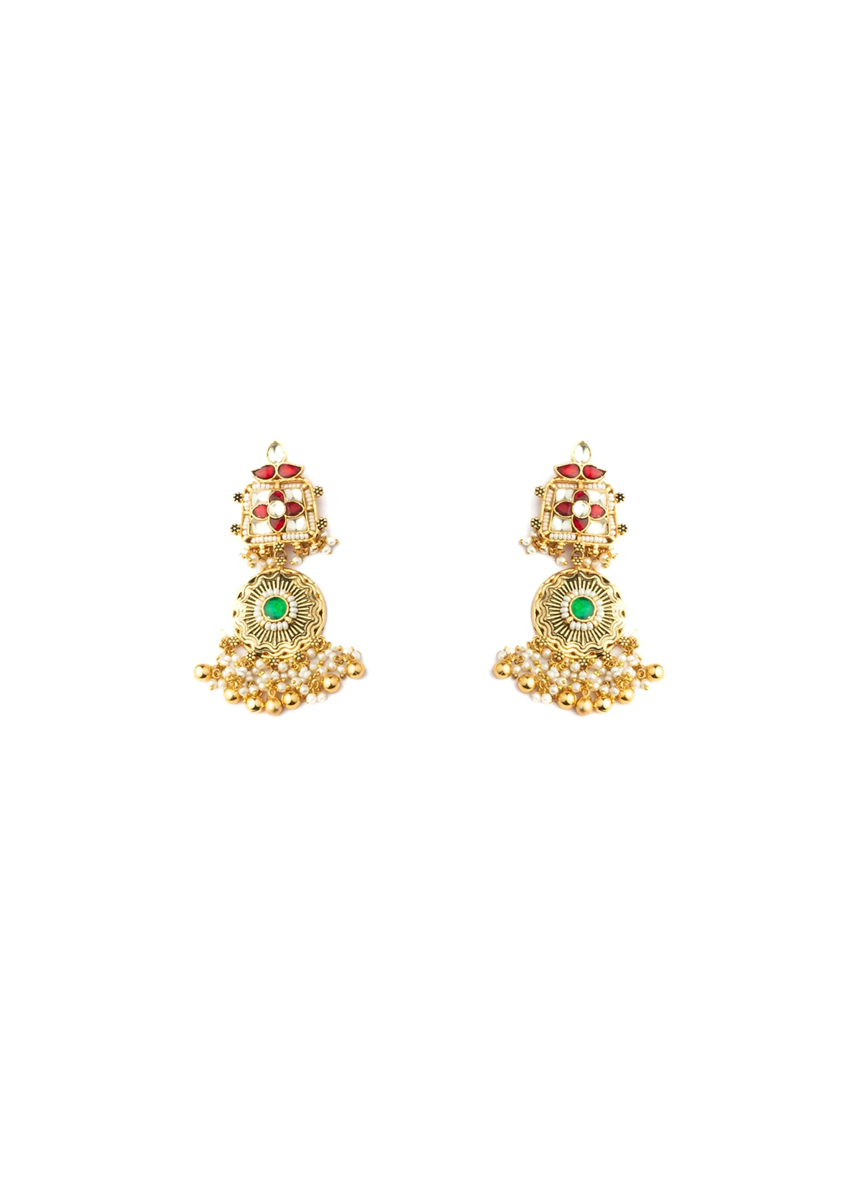 Gold Plated Green And Red Gemstones With Dangling Embellished Necklace Set With Earrings