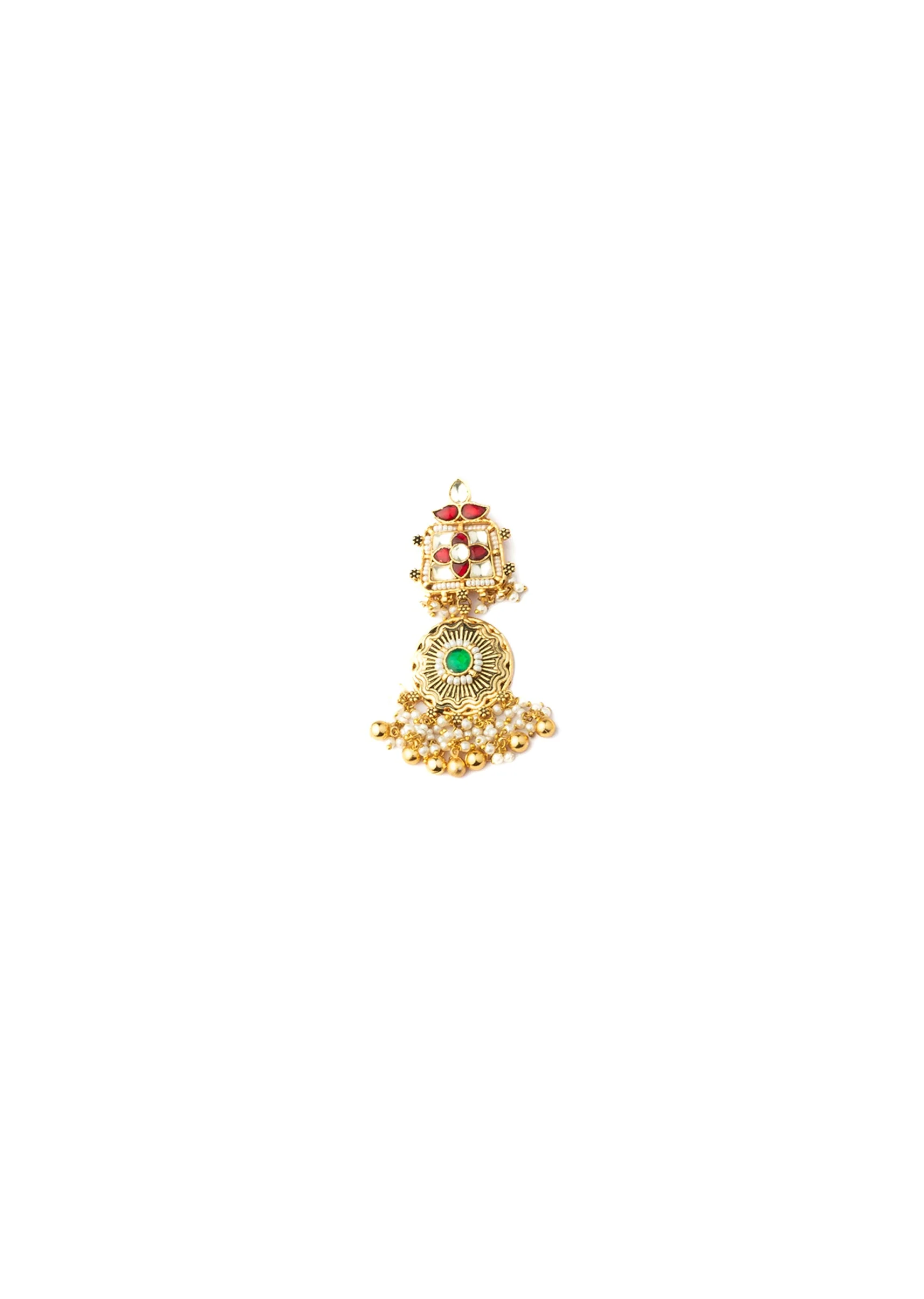 Gold Plated Green And Red Gemstones With Dangling Embellished Necklace Set With Earrings