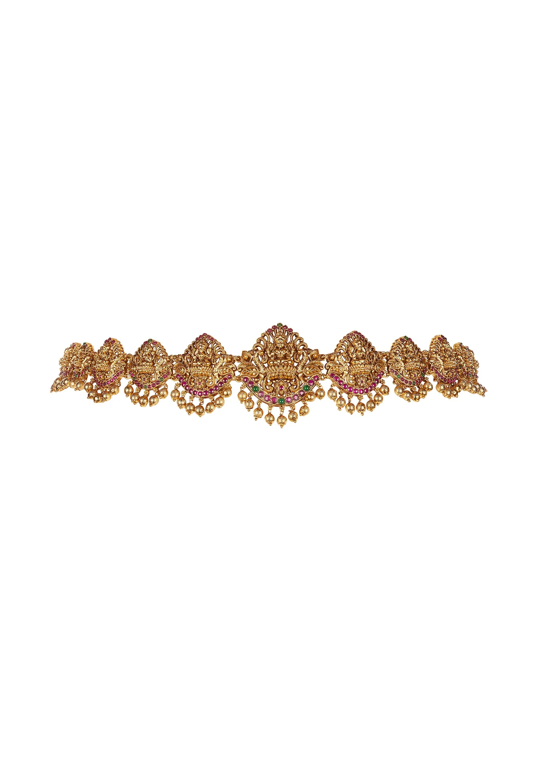 8479-gold-finish-waist-belt-with-temple-style-motif-and-pink-and-green-simulated-stone-2.webp Gold Finish Waist Belt With Temple Style Motif And Pink and Green Simulated Stone