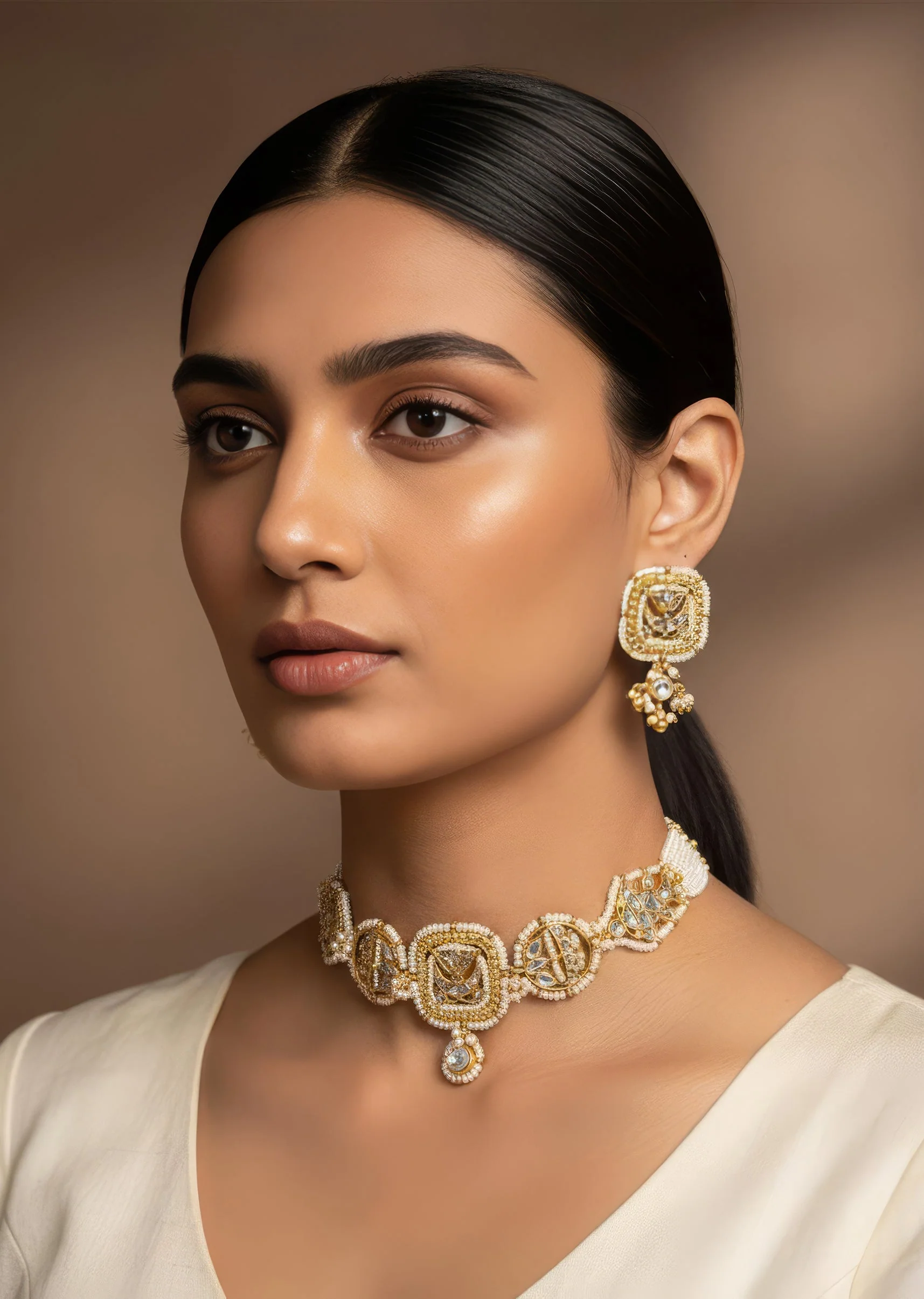 Gold Tone Choker Necklace And Stud Earring Set With Stone Detailing