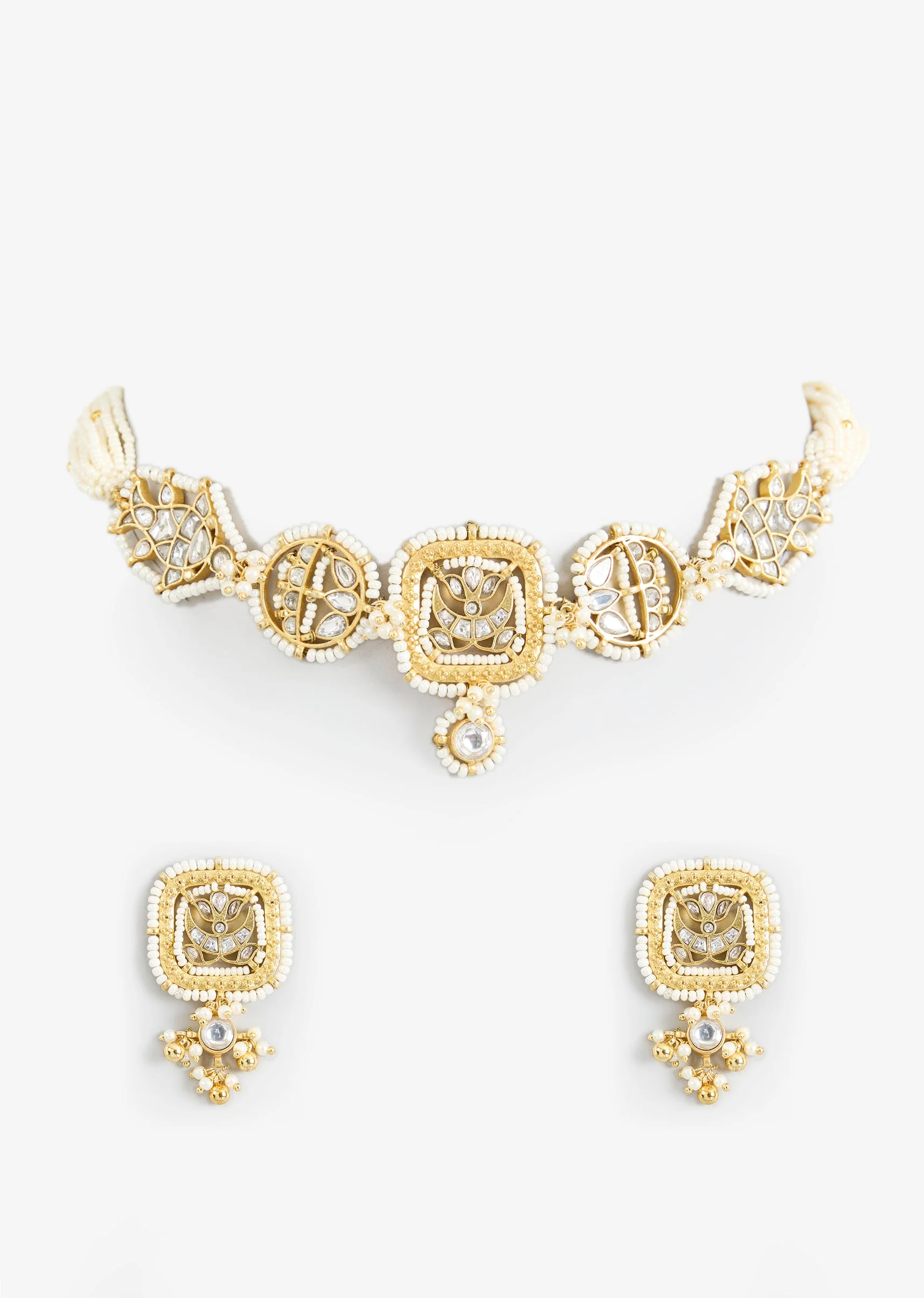 Gold Tone Choker Necklace And Stud Earring Set With Stone Detailing