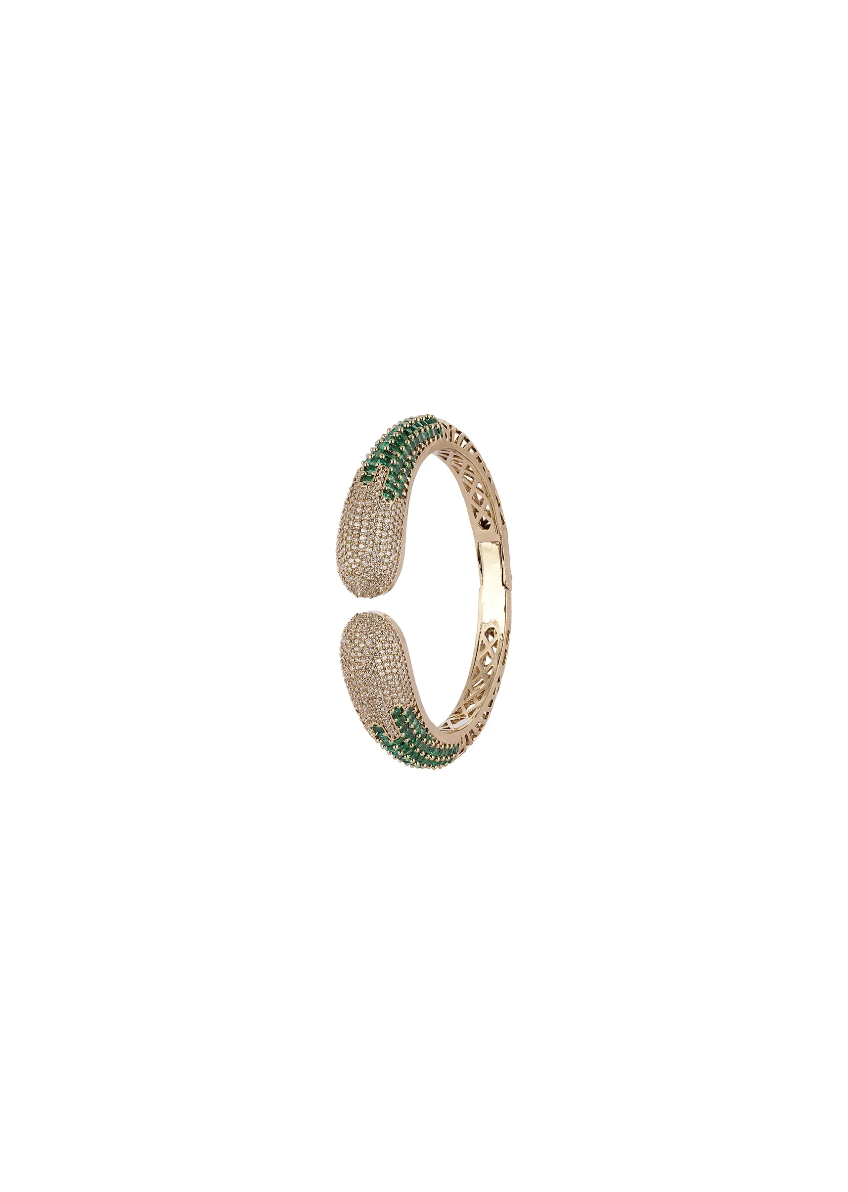 Gold Finish Bracelet In Mix Metal With Modern Cuff Style And Green Simulated Emerald And Cubic Zirconia Accents