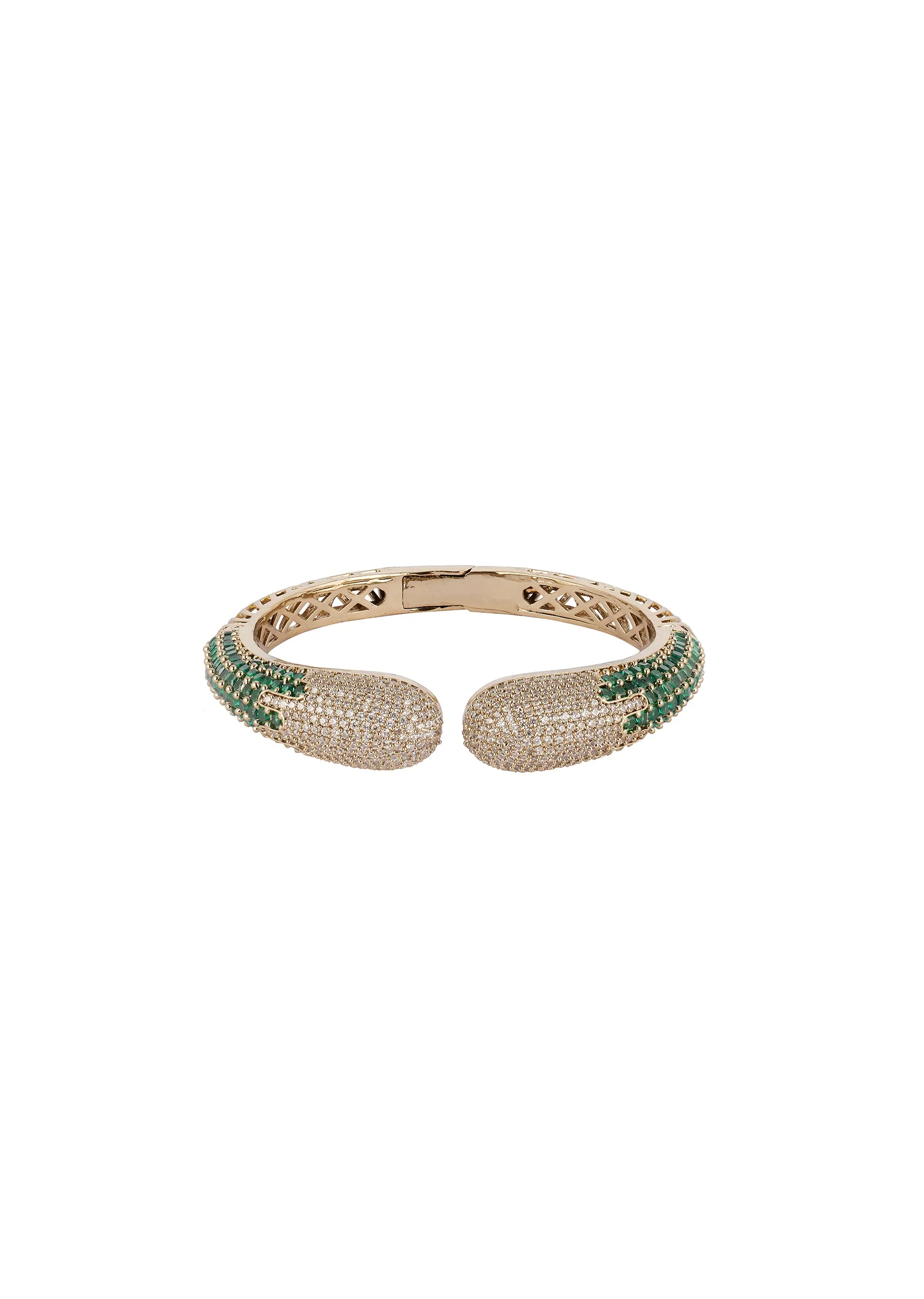Gold Finish Bracelet In Mix Metal With Modern Cuff Style And Green Simulated Emerald And Cubic Zirconia Accents