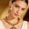 8481-gold-finish-necklace-set-with-temple-style-motifs-and-green-and-pink-simulated-stones-1.webp Gold Finish Necklace Set With Temple Style Motifs And Green and Pink Simulated Stones
