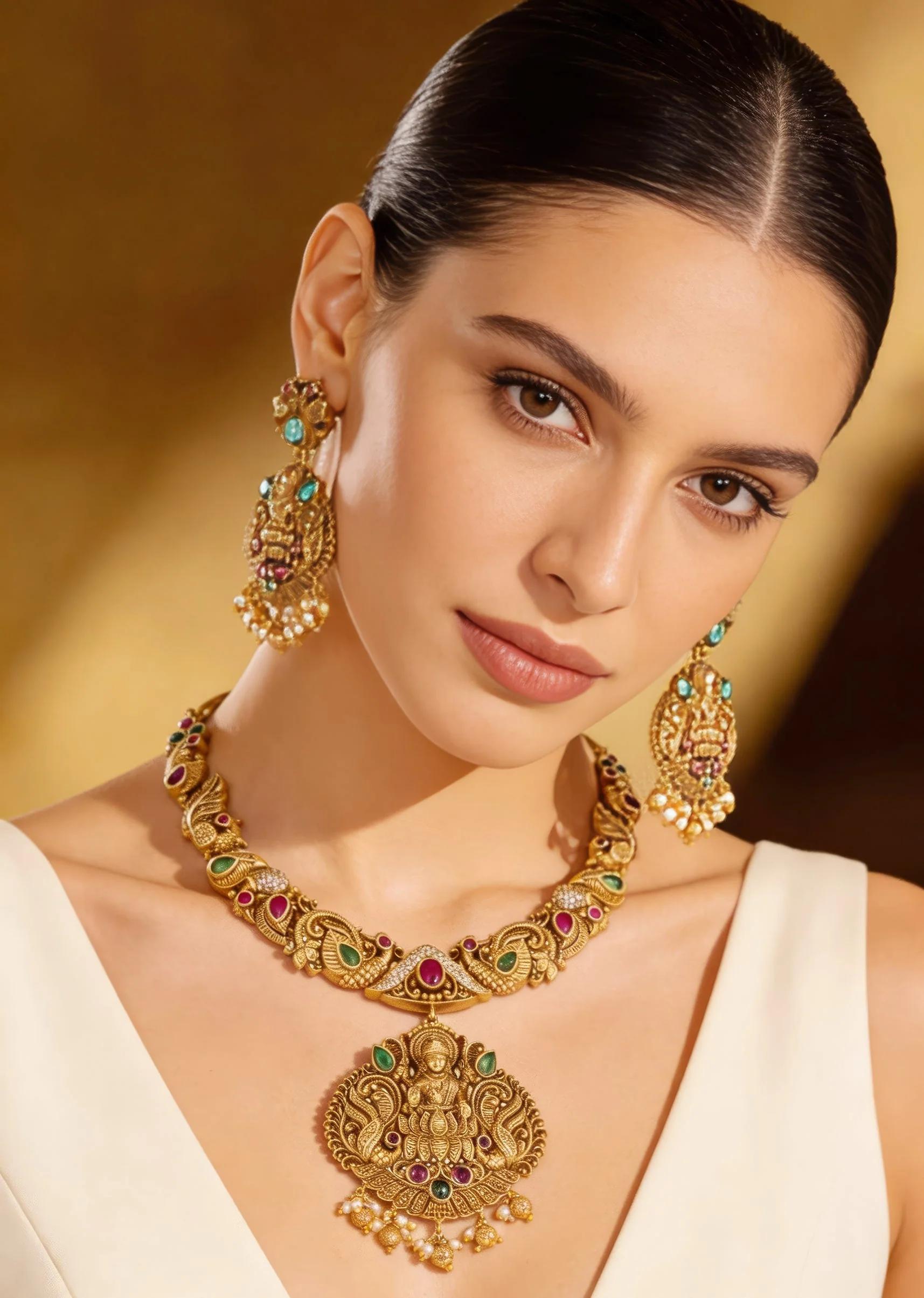 8481-gold-finish-necklace-set-with-temple-style-motifs-and-green-and-pink-simulated-stones-1.webp Gold Finish Necklace Set With Temple Style Motifs And Green and Pink Simulated Stones