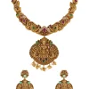 8481-gold-finish-necklace-set-with-temple-style-motifs-and-green-and-pink-simulated-stones-2.webp Gold Finish Necklace Set With Temple Style Motifs And Green and Pink Simulated Stones
