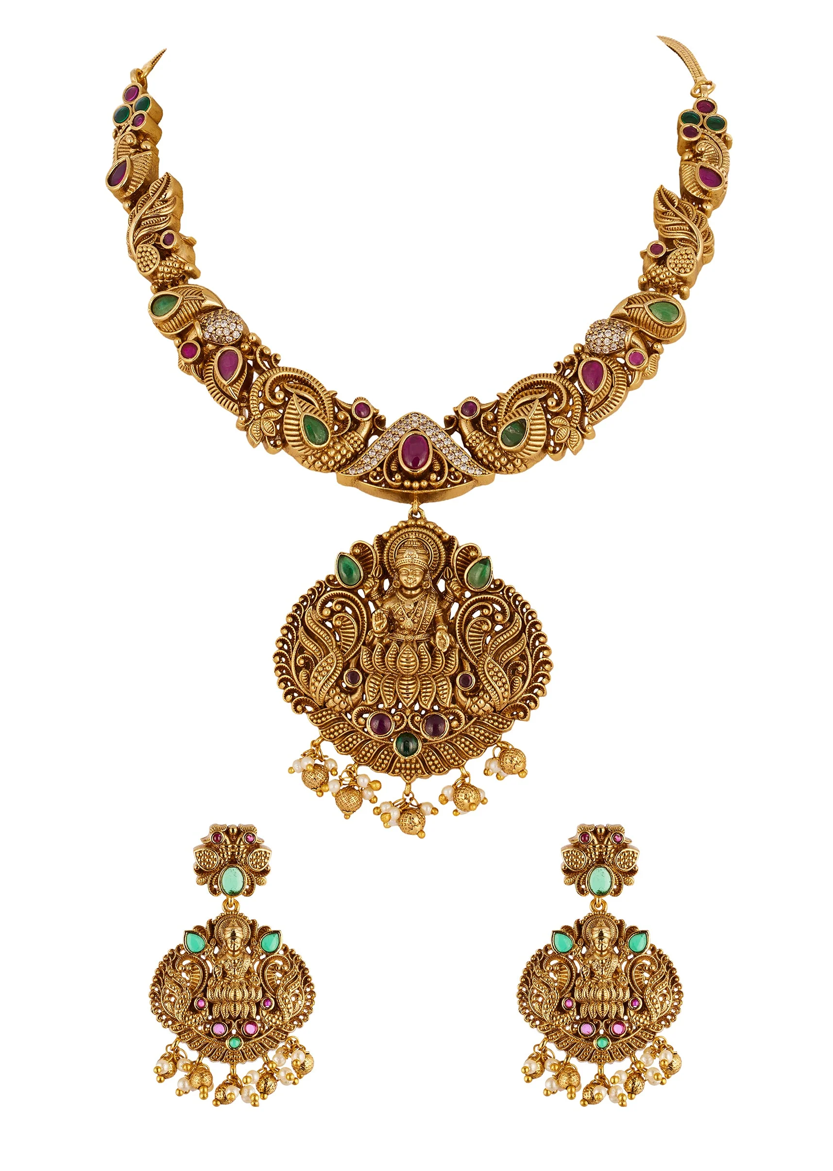 8481-gold-finish-necklace-set-with-temple-style-motifs-and-green-and-pink-simulated-stones-2.webp Gold Finish Necklace Set With Temple Style Motifs And Green and Pink Simulated Stones