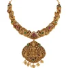 8481-gold-finish-necklace-set-with-temple-style-motifs-and-green-and-pink-simulated-stones-3.webp Gold Finish Necklace Set With Temple Style Motifs And Green and Pink Simulated Stones
