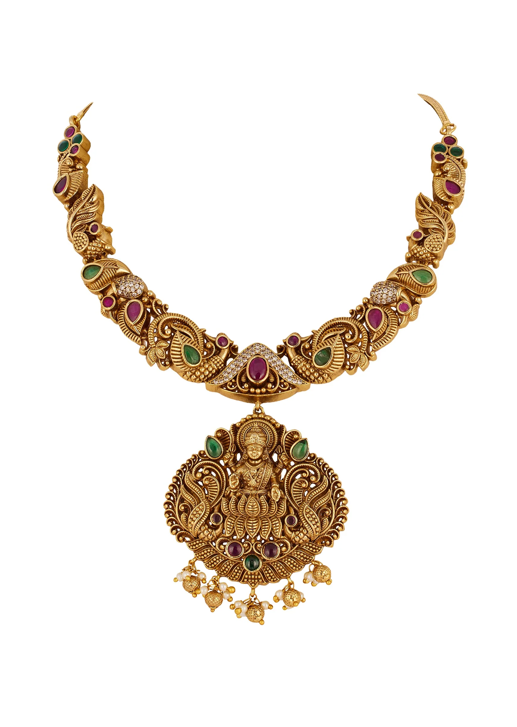 8481-gold-finish-necklace-set-with-temple-style-motifs-and-green-and-pink-simulated-stones-3.webp Gold Finish Necklace Set With Temple Style Motifs And Green and Pink Simulated Stones