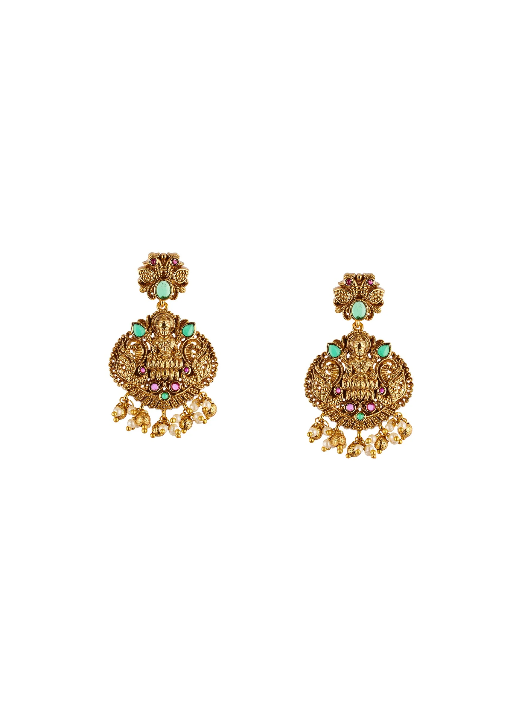 8481-gold-finish-necklace-set-with-temple-style-motifs-and-green-and-pink-simulated-stones-4.webp Gold Finish Necklace Set With Temple Style Motifs And Green and Pink Simulated Stones