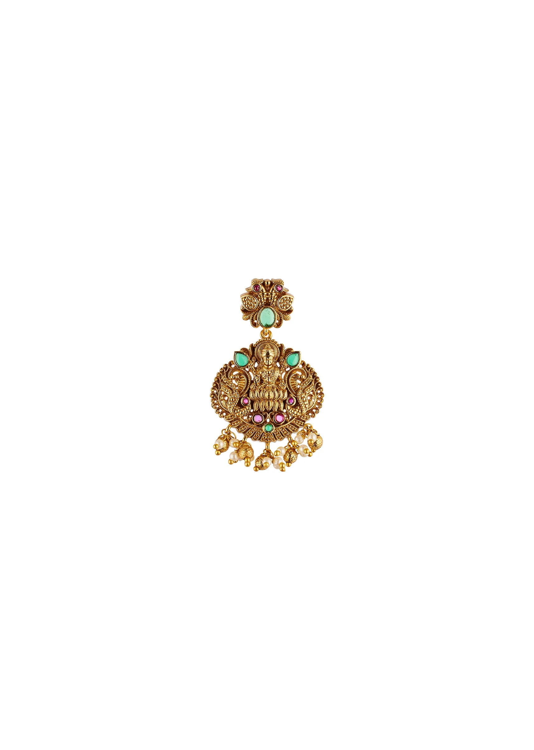 8481-gold-finish-necklace-set-with-temple-style-motifs-and-green-and-pink-simulated-stones-5.webp Gold Finish Necklace Set With Temple Style Motifs And Green and Pink Simulated Stones