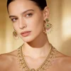Gold Finish Necklace Set With Traditional Temple Motifs And Pink Green and Off White Stones With Zirconia and Pearl Accents
