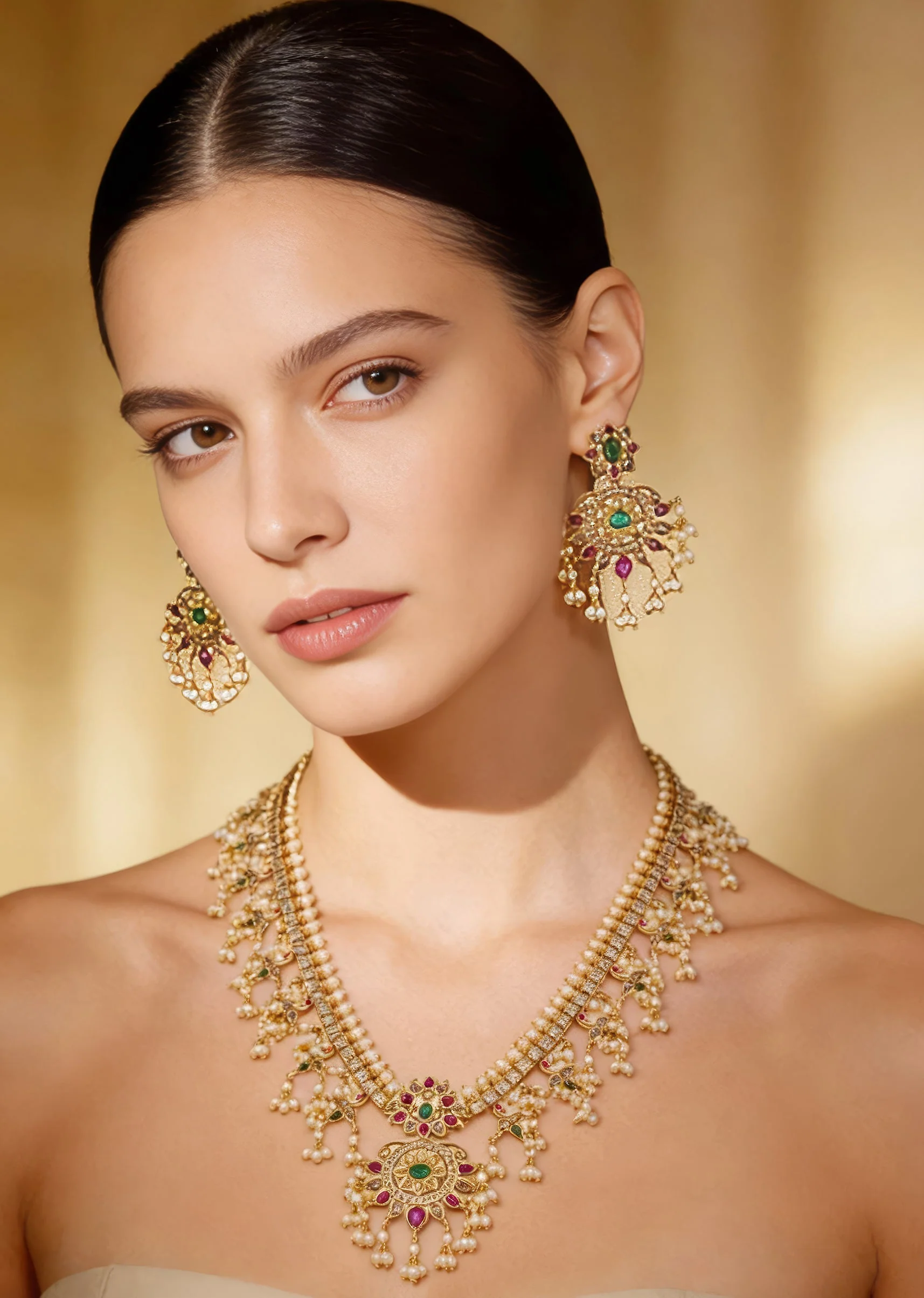 Gold Finish Necklace Set With Traditional Temple Motifs And Pink Green and Off White Stones With Zirconia and Pearl Accents