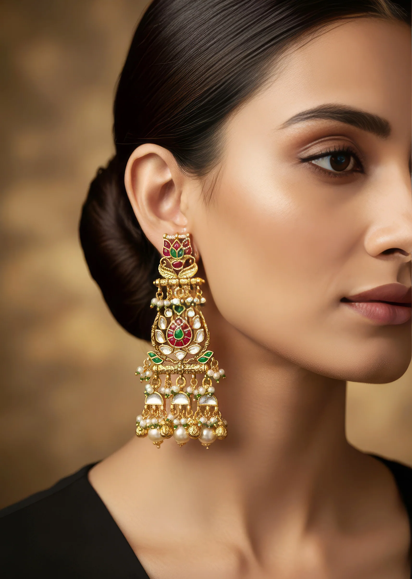 8483-gold-finish-earrings-in-drop-style-with-kundan-and-multi-stone-and-pearl-detailing-1.webp Gold Finish Earrings In Drop Style With Kundan And Multi Stone And Pearl Detailing