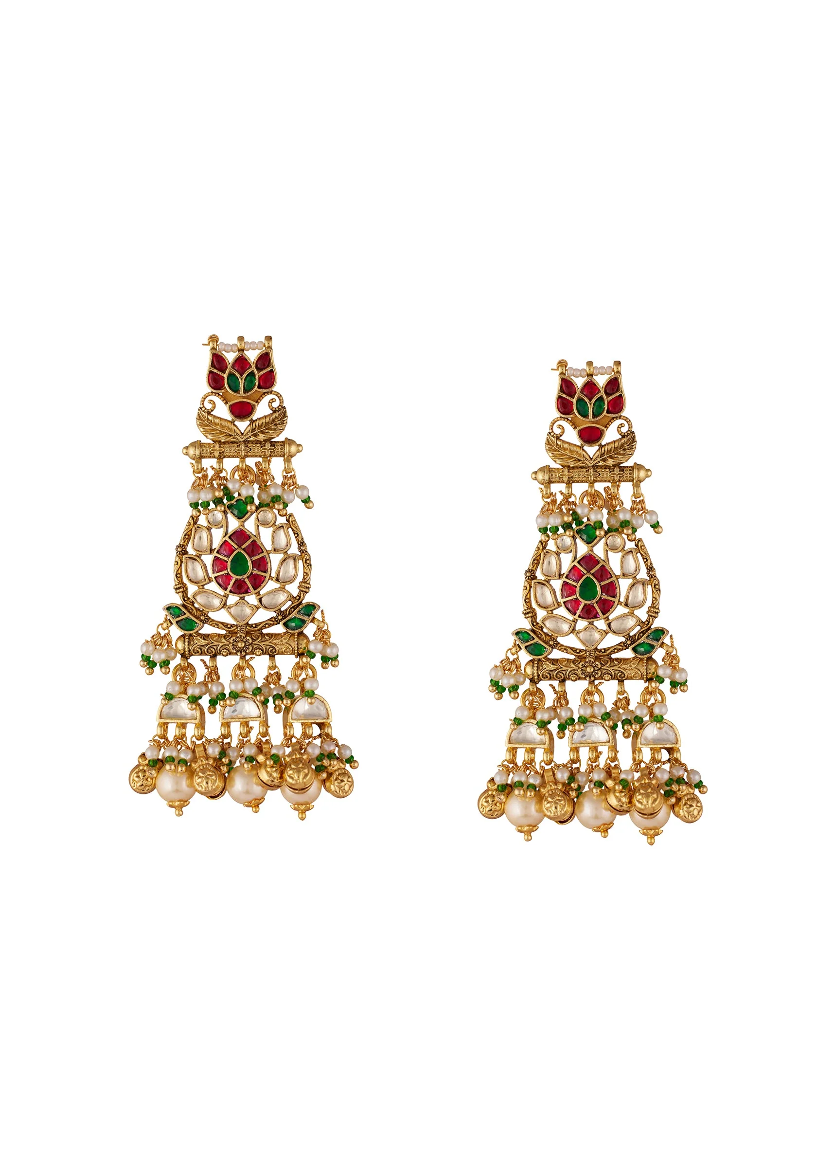 8483-gold-finish-earrings-in-drop-style-with-kundan-and-multi-stone-and-pearl-detailing-2.webp Gold Finish Earrings In Drop Style With Kundan And Multi Stone And Pearl Detailing