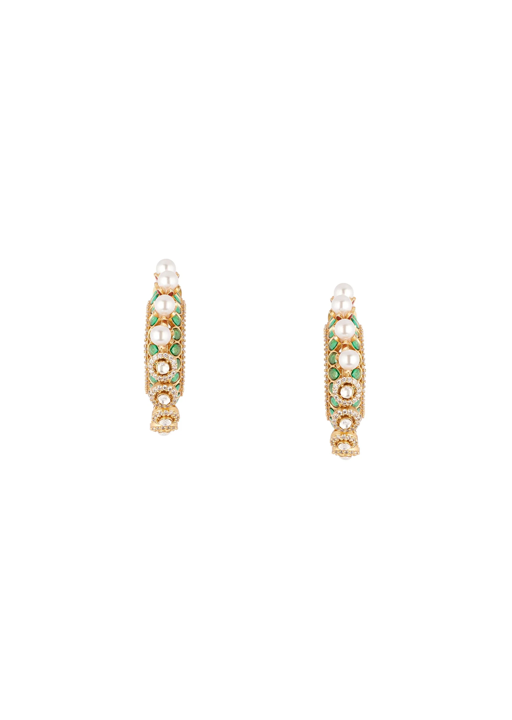 8484-gold-finish-ornate-c-hoop-earrings-with-green-decorative-stones-and-simulated-pearls-1.webp Gold Finish Ornate C Hoop Earrings With Green Decorative Stones and Simulated Pearls